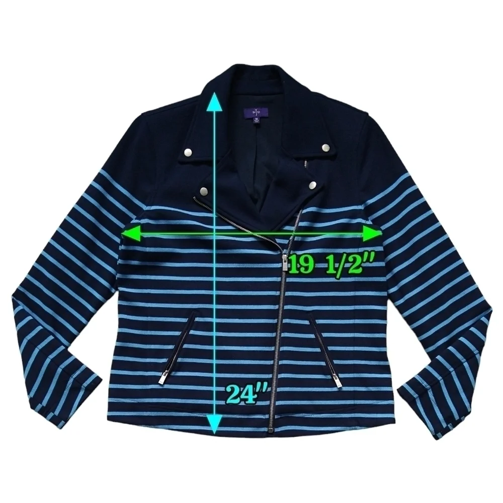 NYDJ Navy Blue Stripe Ponte Knit Moto Jacket Zip Pockets Preppy Modern Nautical